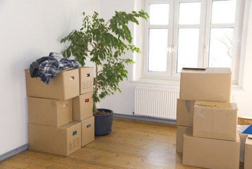 Office desks and boxes ready for commercial relocation