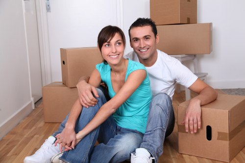 Packed boxes and furniture ready for transport in Merton