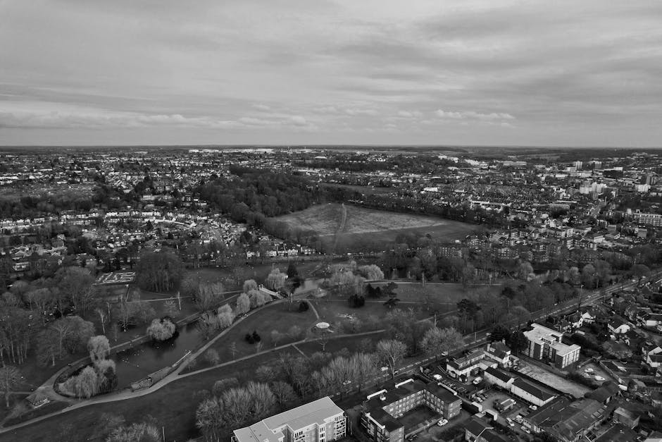 An aerial black-and-white photograph showing a suburban area with a large park featuring winding pathways, numerous trees, and open grassy areas. Surrounding the park are residential houses with pitched roofs and a few apartment buildings along the streets. In the foreground, a section of a driveway and the rear of a van are visible, indicating loading activity related to home relocation. The interior property part of the image suggests the process of packing and moving may be taking place, with possibly packed boxes or furniture items near the entrance. The scene captures the broad urban landscape, with a mix of natural and built environments, relevant to the process of furniture transport and packing during house removals, as outlined by Removal Companies Merton for their Merton to Raynes Park short-distance moving services.